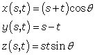 x=(s+t)cosX y=s-t z=s*t*sinx